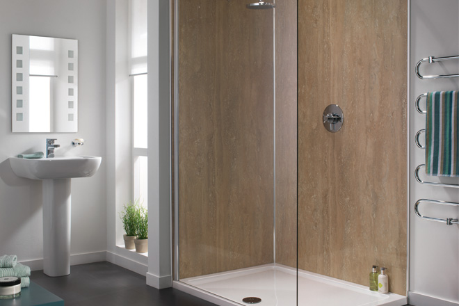 Showerwall’s Rustic Travertine offers a stylish yet affordable stone look